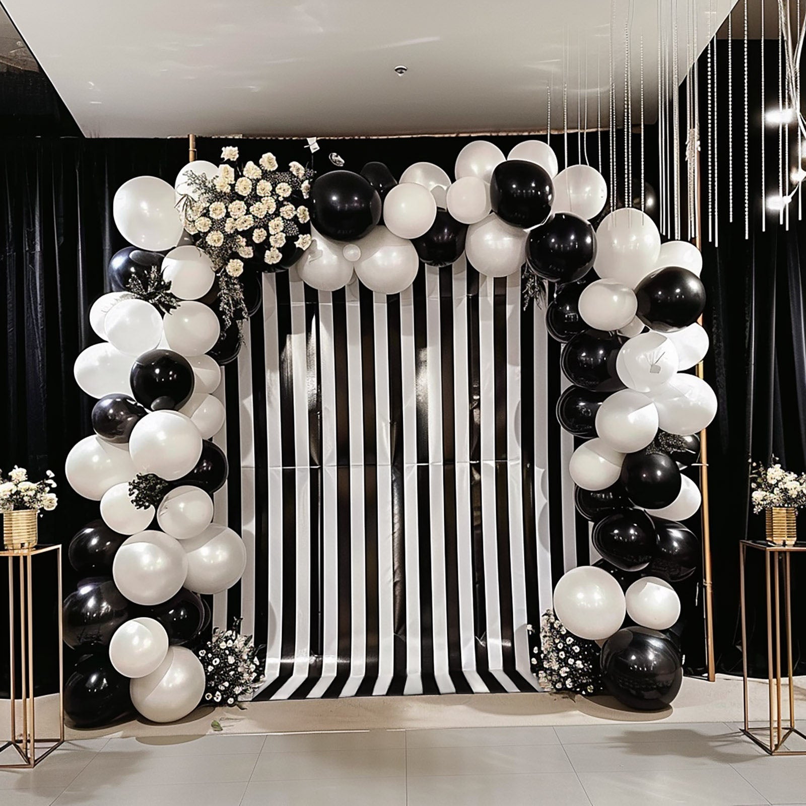 Black White Striped Satin Backdrop Curtain Drapery, Glossy Event Photography Background Room Divider Curtain Panel - 8ftx10ft - Bell Racket Store