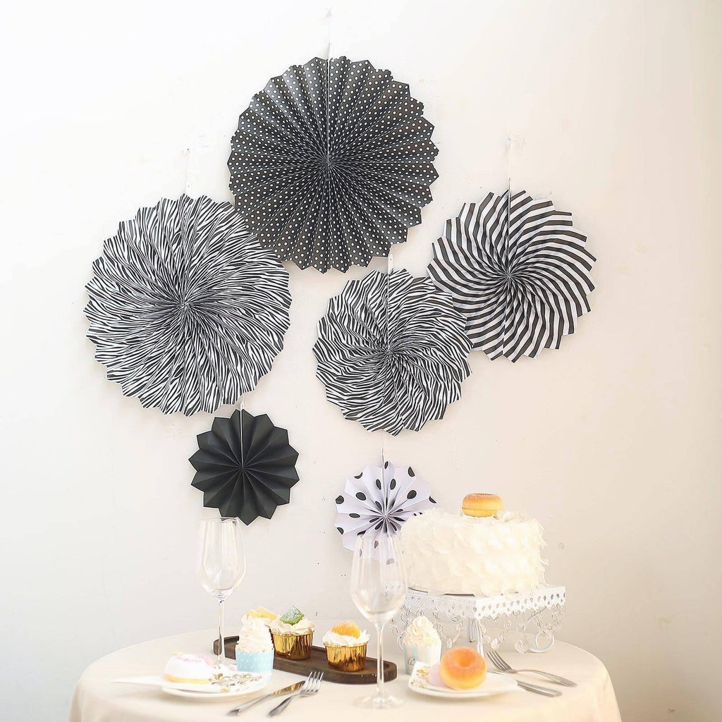 Set of 6 Black White Hanging Paper Fan Decorations, Pinwheel Wall Backdrop Party Kit - 8", 12", 16"