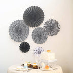 Set of 6 Black White Hanging Paper Fan Decorations, Pinwheel Wall Backdrop Party Kit - 8", 12", 16"