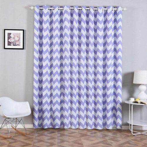 2 Pack White Lavender Lilac Chevron Print Thermal Room Darkening Blackout Window Curtain Panels With Chrome Grommet - 52"x96"