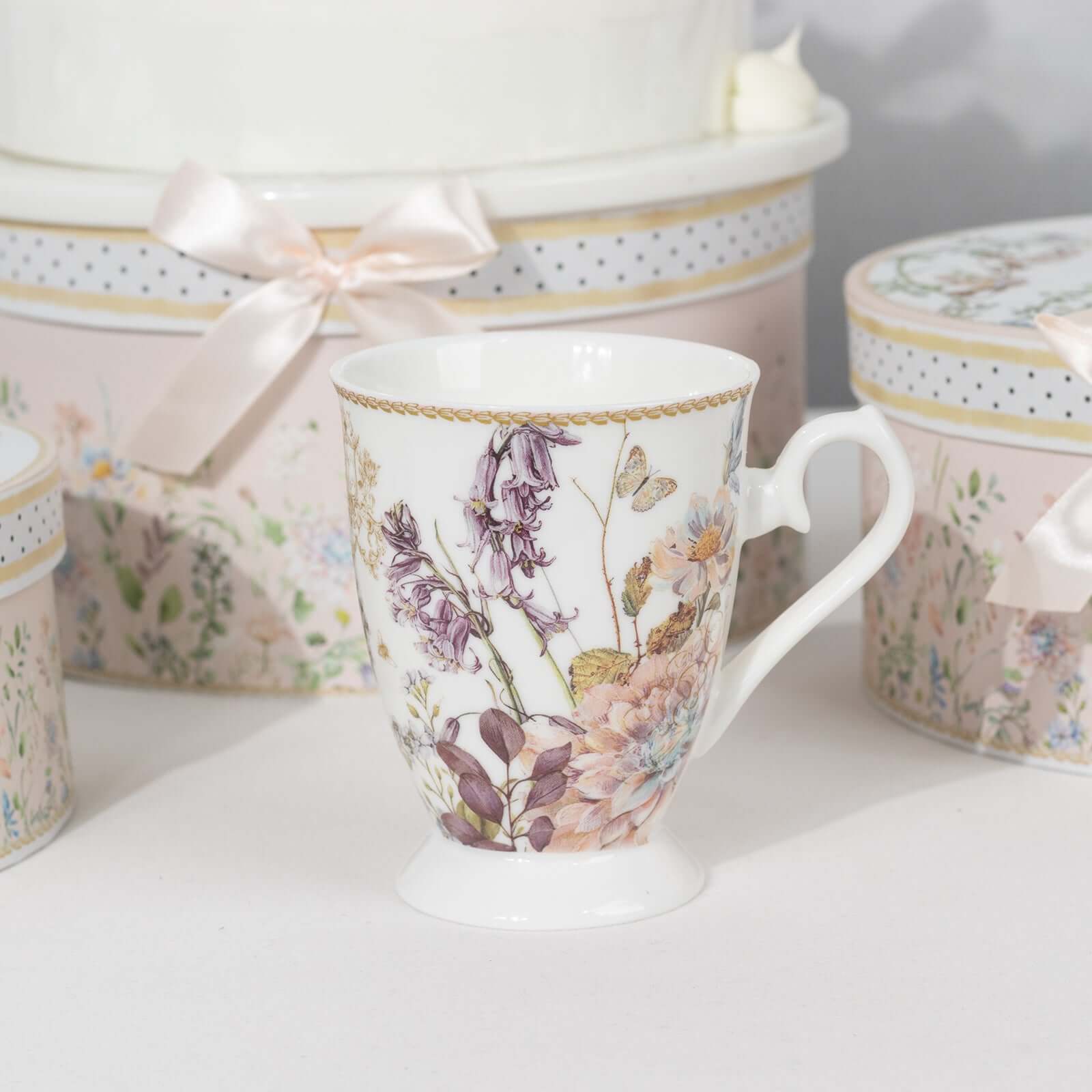 Blush Floral Design Bridal Shower Gift Set, 2 Pack Porcelain Tea Cups With Matching Keepsake Gift Box and Satin Ribbon Handle - Bell Racket Store