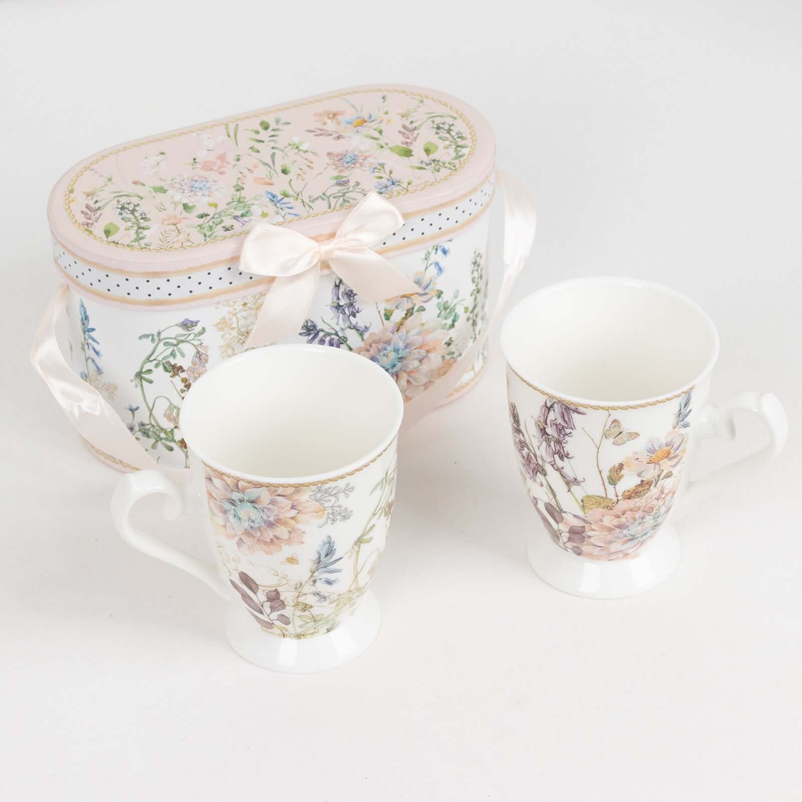 Blush Floral Design Bridal Shower Gift Set, 2 Pack Porcelain Tea Cups With Matching Keepsake Gift Box and Satin Ribbon Handle - Bell Racket Store