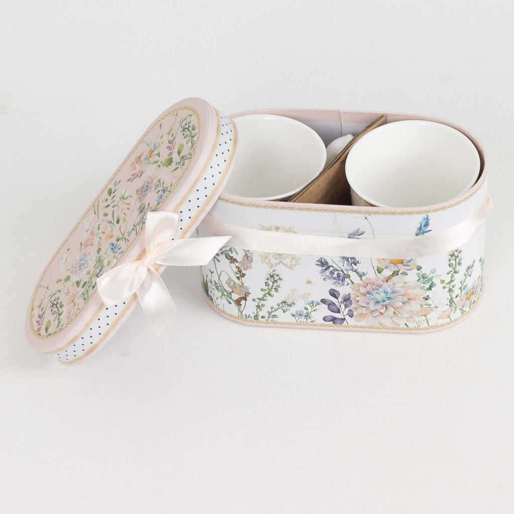 Blush Floral Design Bridal Shower Gift Set, 2 Pack Porcelain Tea Cups With Matching Keepsake Gift Box and Satin Ribbon Handle - Bell Racket Store