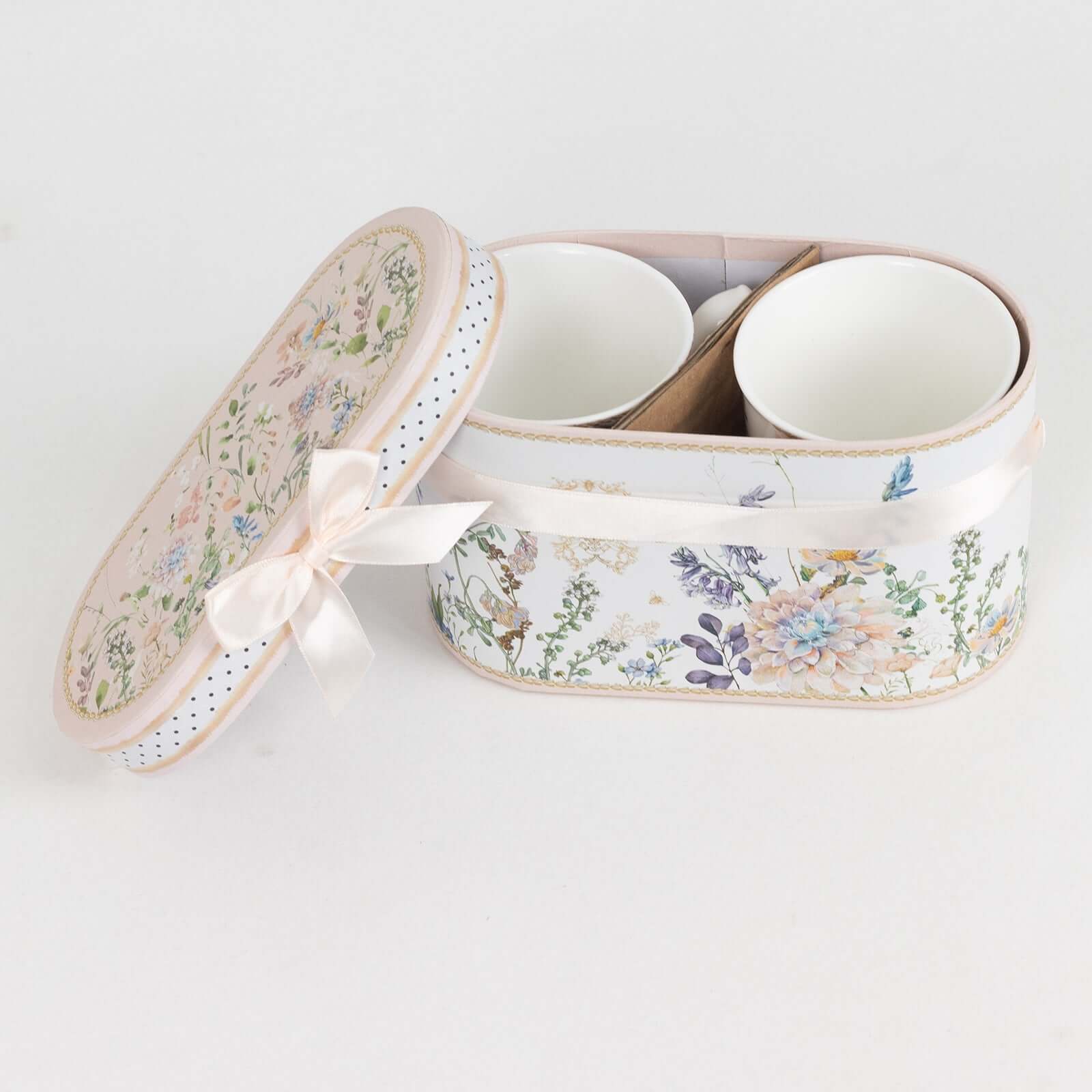 Blush Floral Design Bridal Shower Gift Set, 2 Pack Porcelain Tea Cups With Matching Keepsake Gift Box and Satin Ribbon Handle - Bell Racket Store