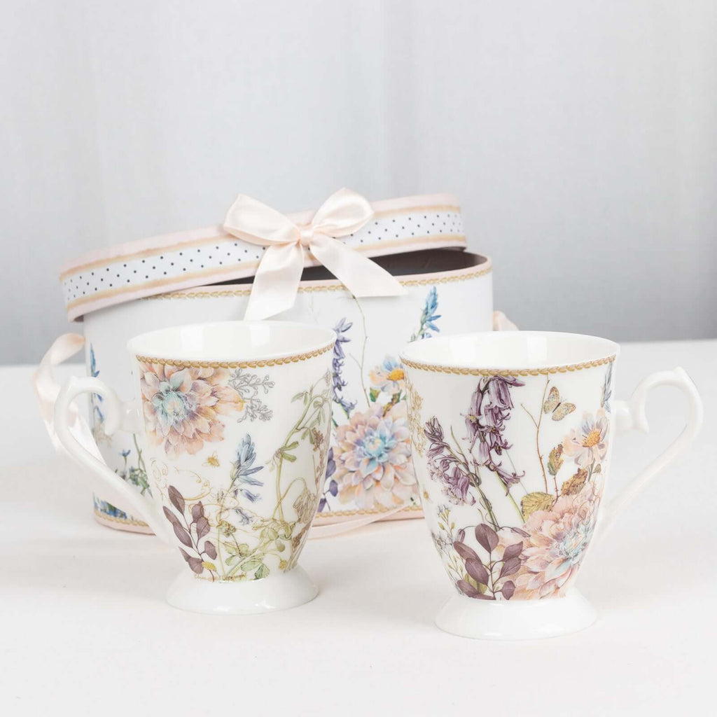 Blush Floral Design Bridal Shower Gift Set, 2 Pack Porcelain Tea Cups With Matching Keepsake Gift Box and Satin Ribbon Handle - Bell Racket Store