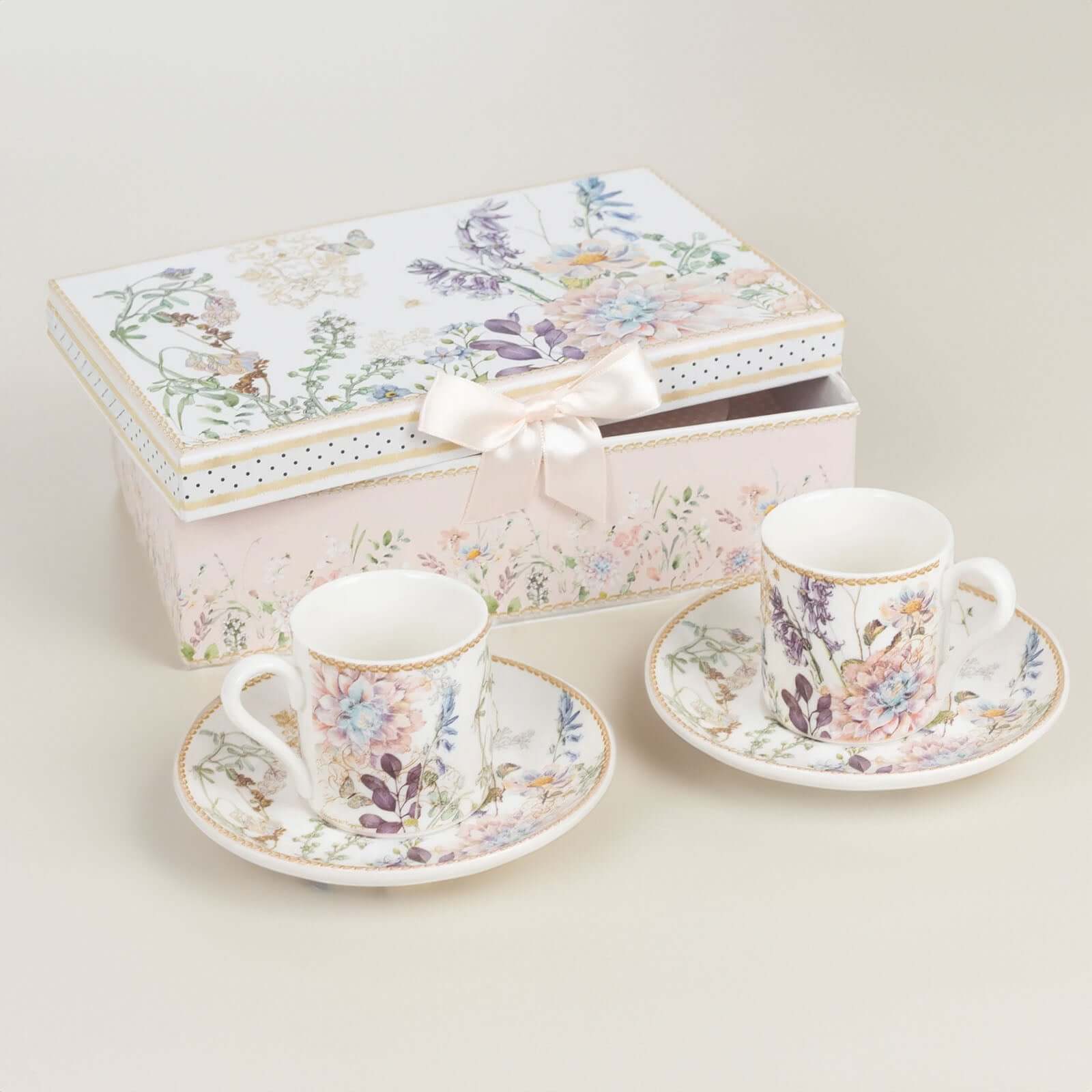 Blush Floral Design Bridal Shower Gift Set, Set of 2 Porcelain Espresso Cups and Saucers with Matching Keepsake Box - Bell Racket Store