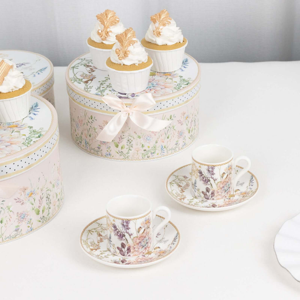 Blush Floral Design Bridal Shower Gift Set, Set of 2 Porcelain Espresso Cups and Saucers with Matching Keepsake Box - Bell Racket Store