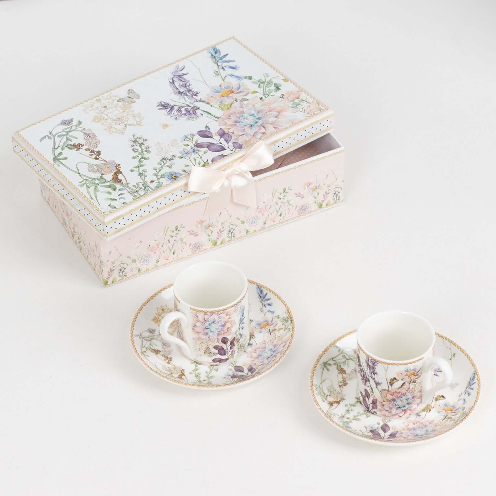 Blush Floral Design Bridal Shower Gift Set, Set of 2 Porcelain Espresso Cups and Saucers with Matching Keepsake Box - Bell Racket Store