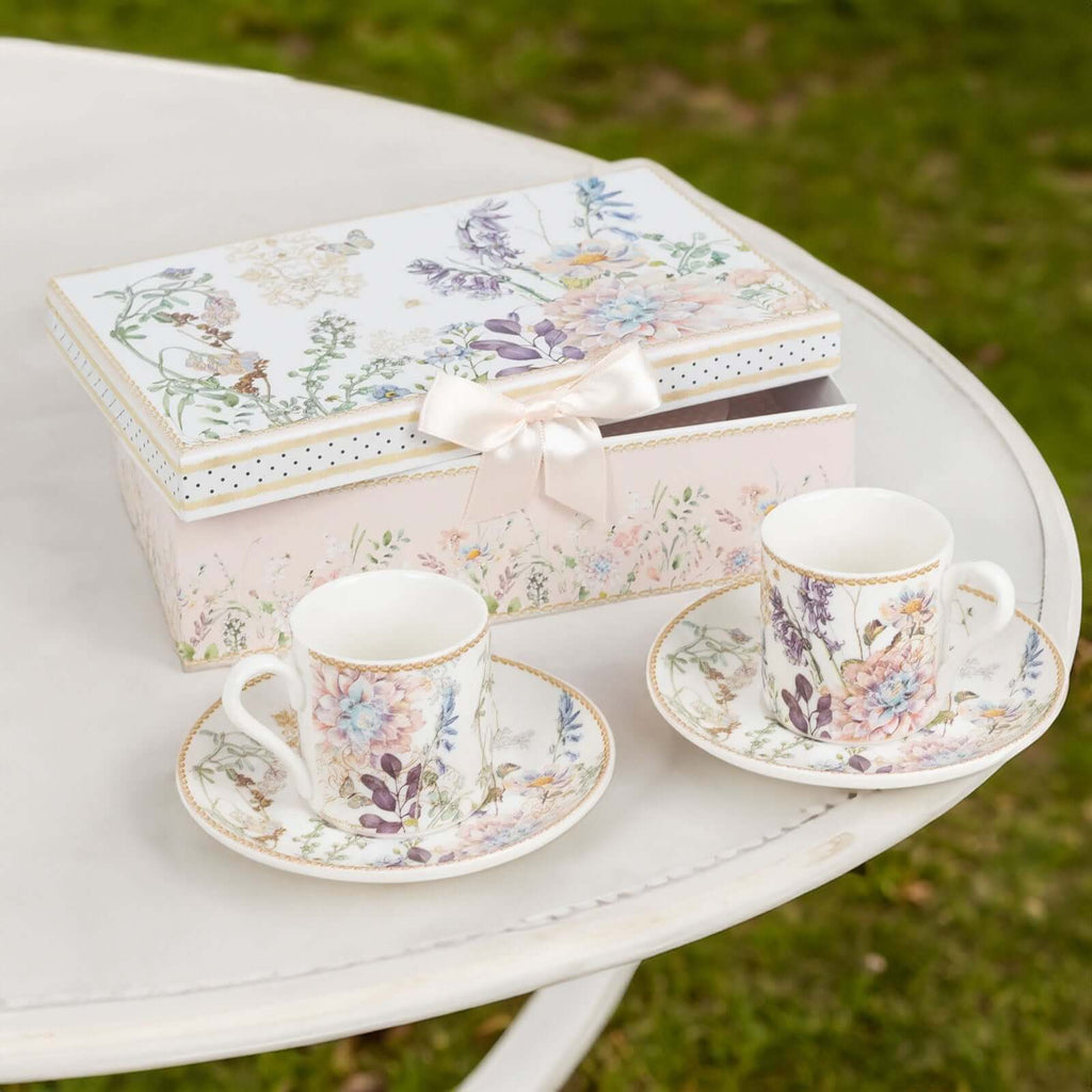 Blush Floral Design Bridal Shower Gift Set, Set of 2 Porcelain Espresso Cups and Saucers with Matching Keepsake Box - Bell Racket Store