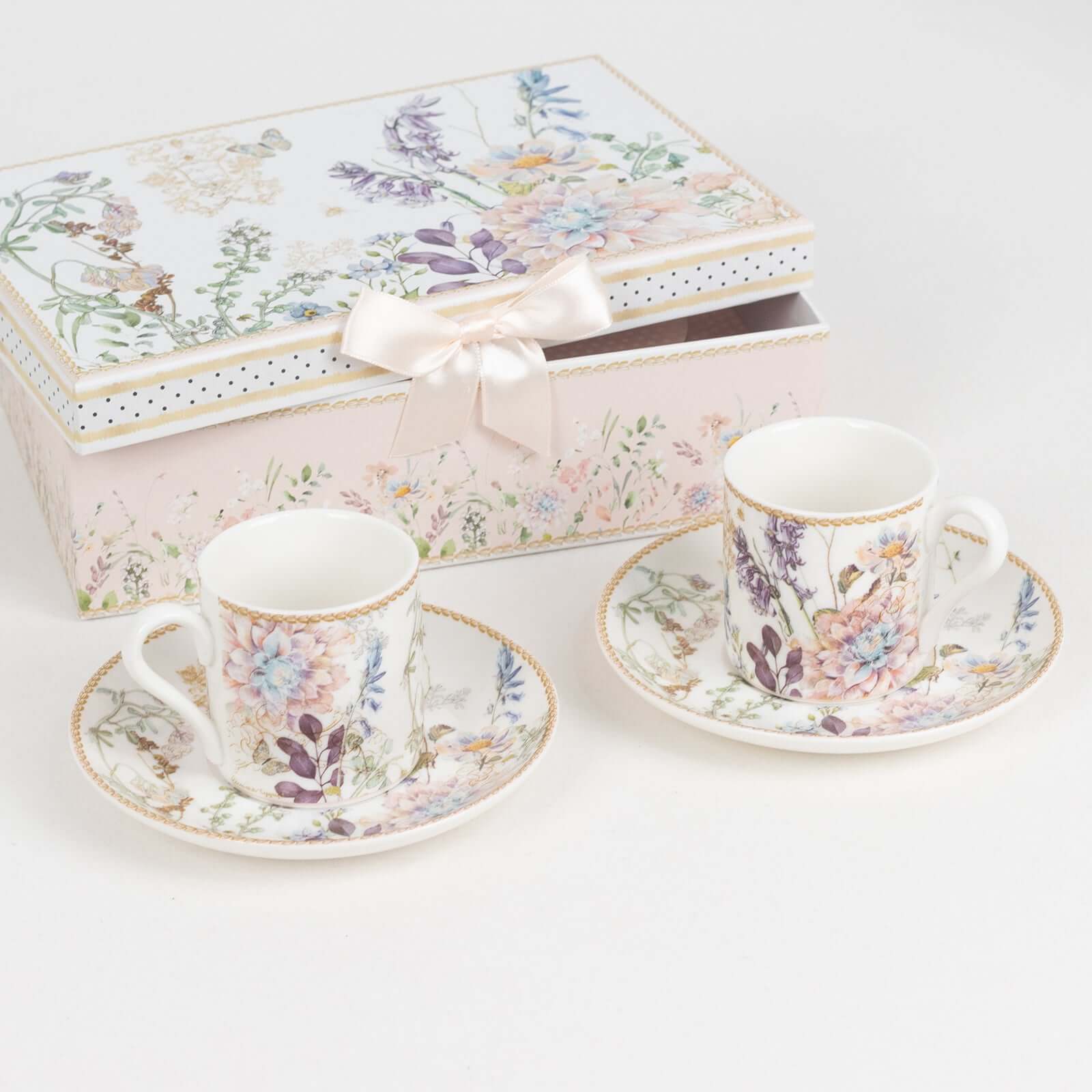 Blush Floral Design Bridal Shower Gift Set, Set of 2 Porcelain Espresso Cups and Saucers with Matching Keepsake Box - Bell Racket Store
