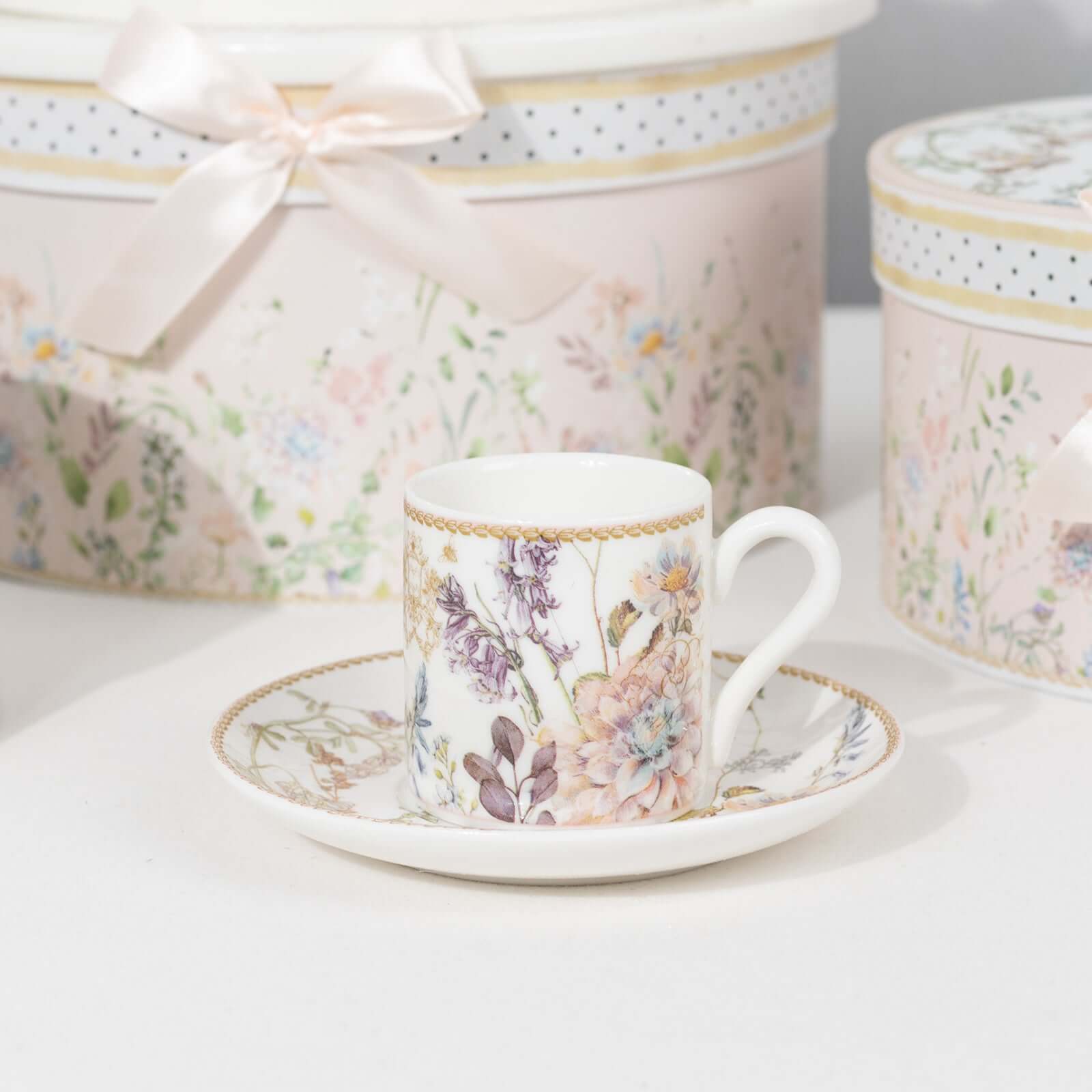 Blush Floral Design Bridal Shower Gift Set, Set of 2 Porcelain Espresso Cups and Saucers with Matching Keepsake Box - Bell Racket Store