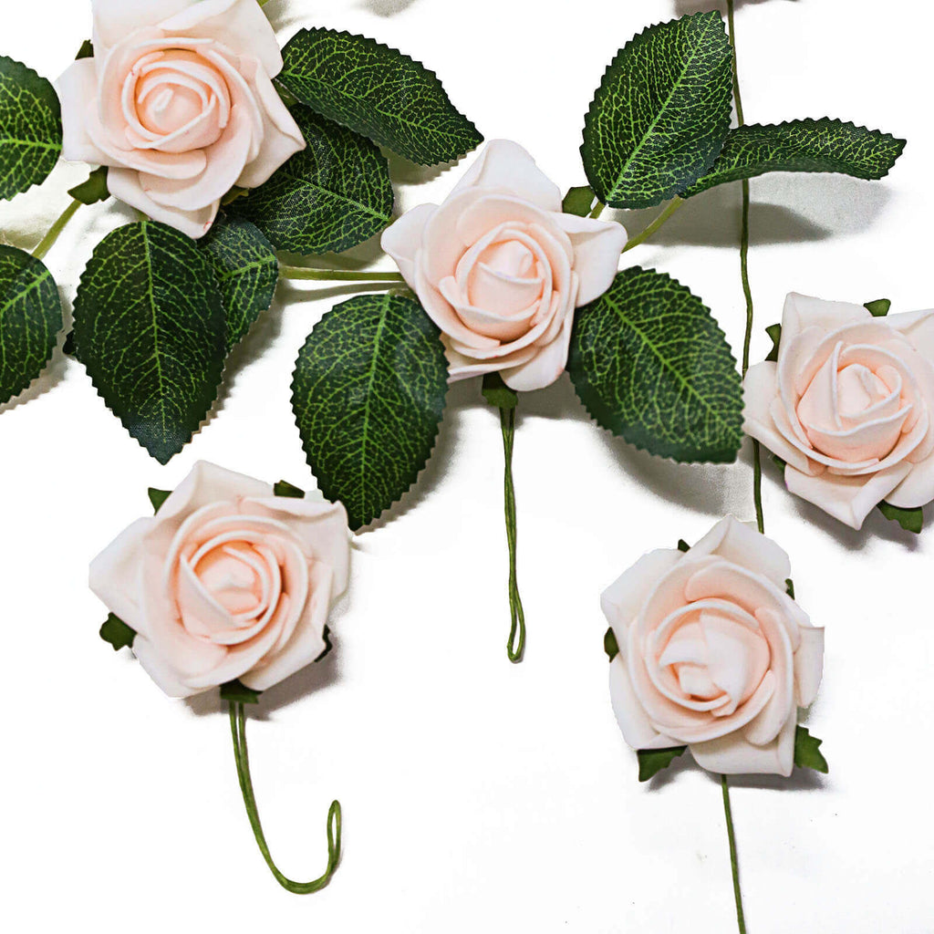 24 Roses 2" Blush Artificial Foam Flowers With Stem Wire and Leaves