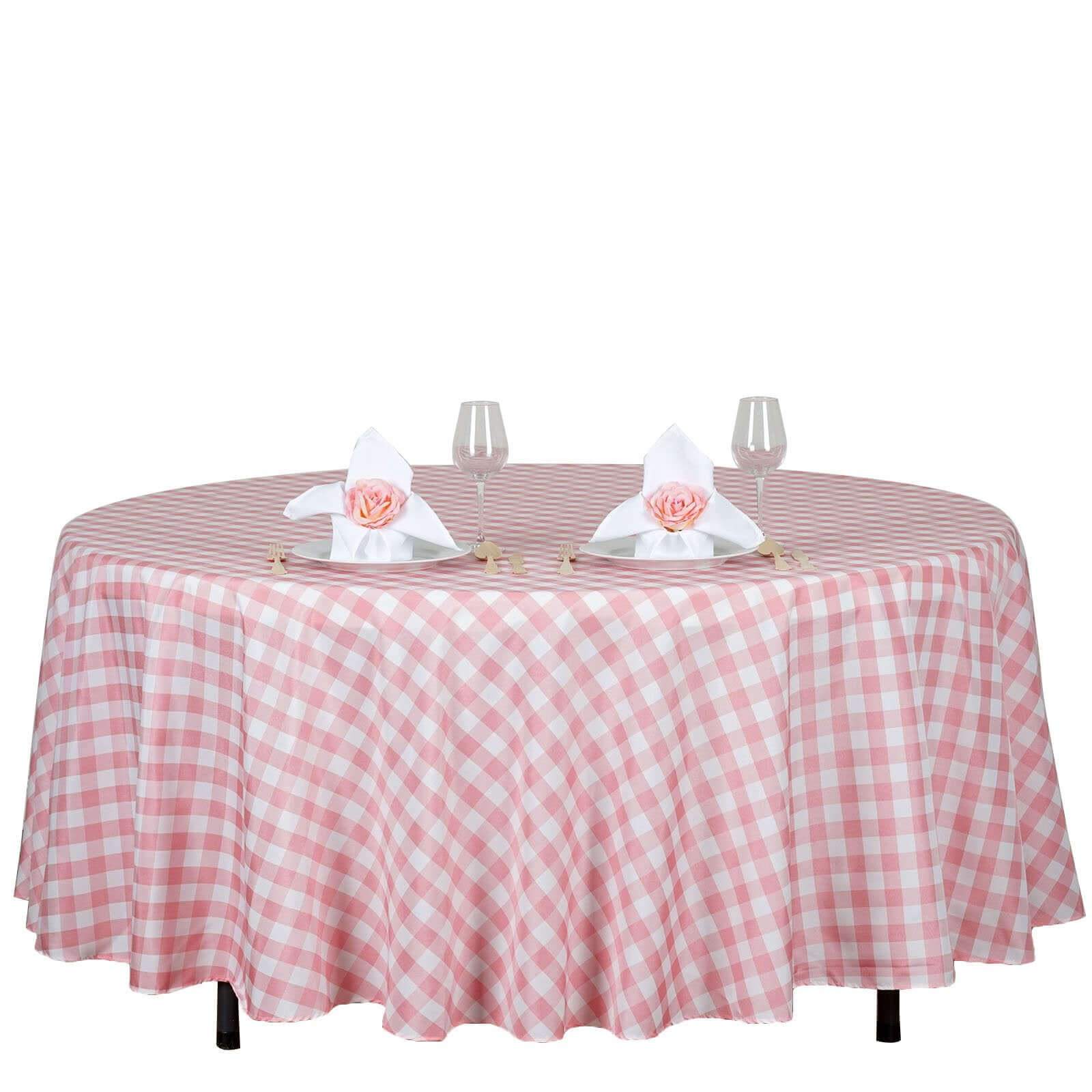 Polyester 108" Round Tablecloth White/Rose Quartz - Checkered Buffalo Plaid Design for Stylish Celebrations
