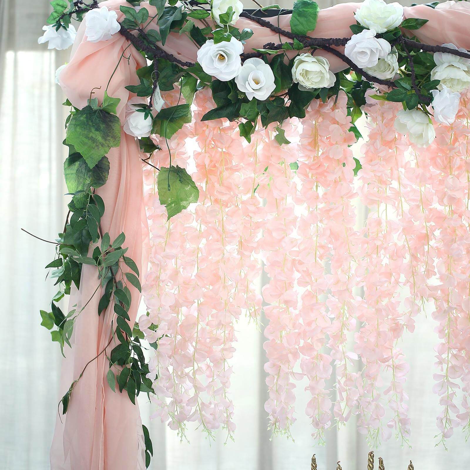 42" Silk Hanging Wisteria Flower Garland Vines in Blush, Elaborated 5 Full Strands in 1 Bush