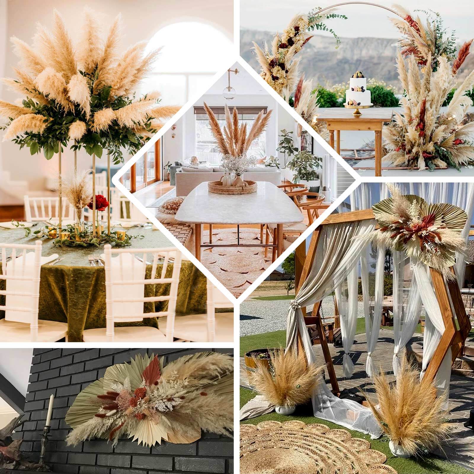 6 Stems Natural Dried Pampas Grass Decor Wheat Tint - Tall Plant Sprays for Boho Chic Vase Displays Backdrops & Event Styling 49"