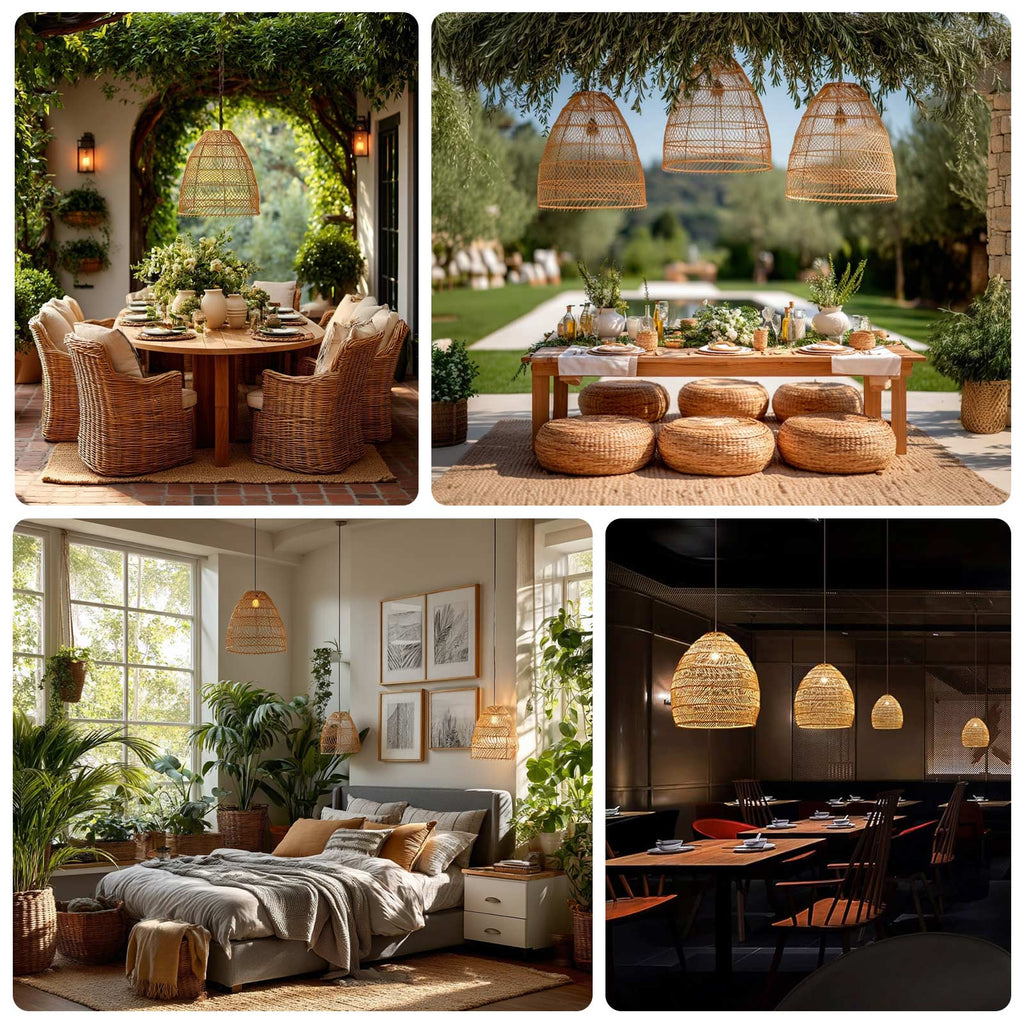 Boho Rattan Dome Pendant Shades â€“ 3 Pack Natural Woven Ceiling Lamp Covers â€“ 16" Round â€“ Shades Only - Bell Racket Store