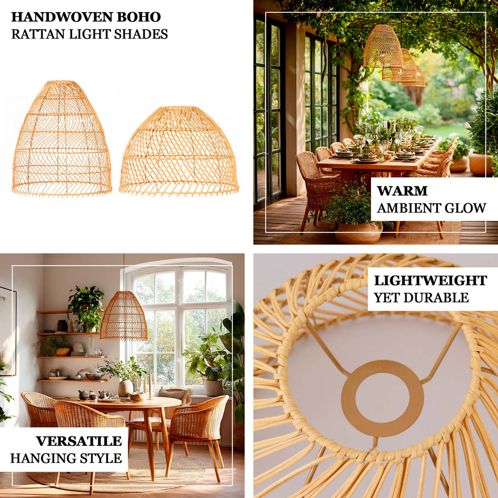 Boho Rattan Dome Pendant Shades â€“ 3 Pack Natural Woven Ceiling Lamp Covers â€“ 16" Round â€“ Shades Only - Bell Racket Store