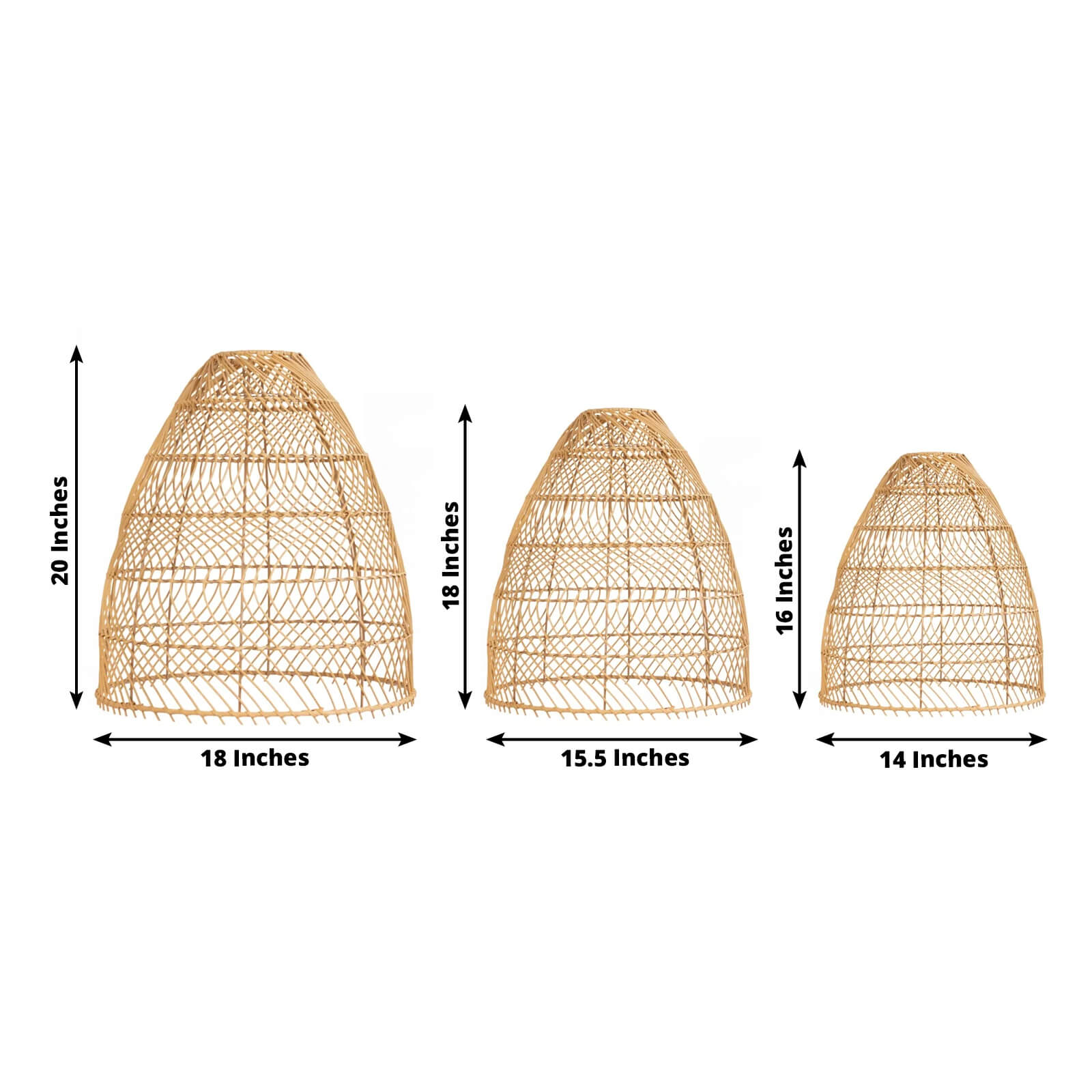 Boho Rattan Light Shades Set of 3 â€“ Natural Woven Pendant Lamp Covers in Cone Shape â€“ 16" 18" 20" â€“ Ceiling Shades Only - Bell Racket Store