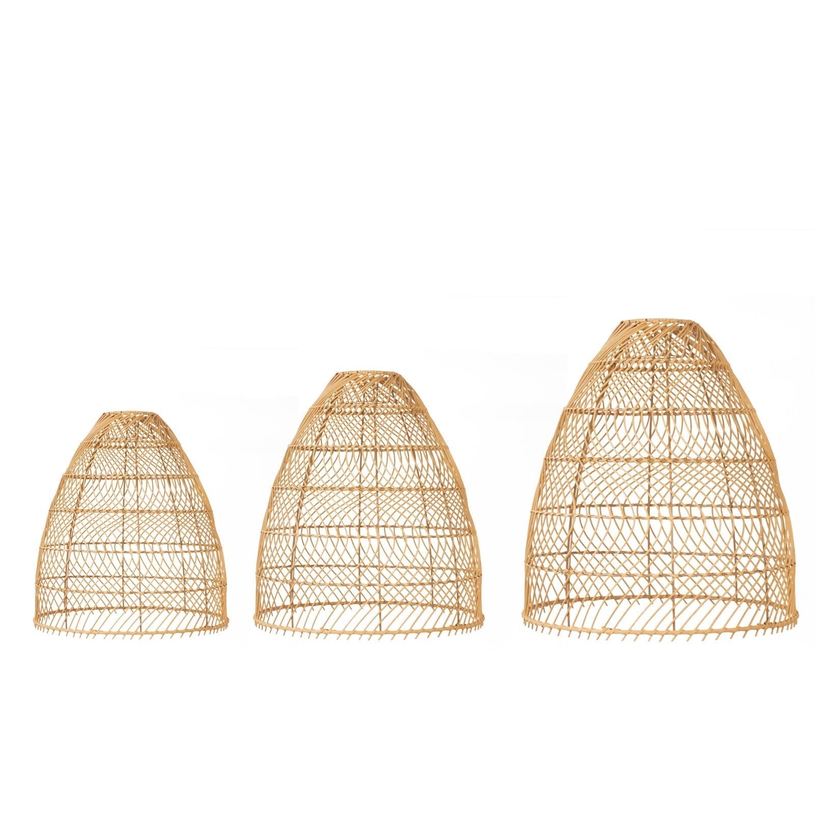 Boho Rattan Light Shades Set of 3 â€“ Natural Woven Pendant Lamp Covers in Cone Shape â€“ 16" 18" 20" â€“ Ceiling Shades Only - Bell Racket Store