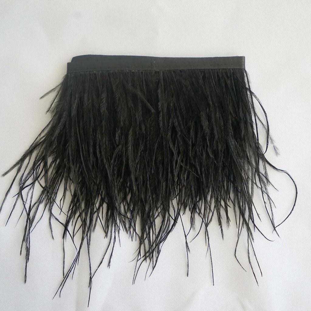39" Black Real Ostrich Feather Fringe Trim With Satin Ribbon Tape
