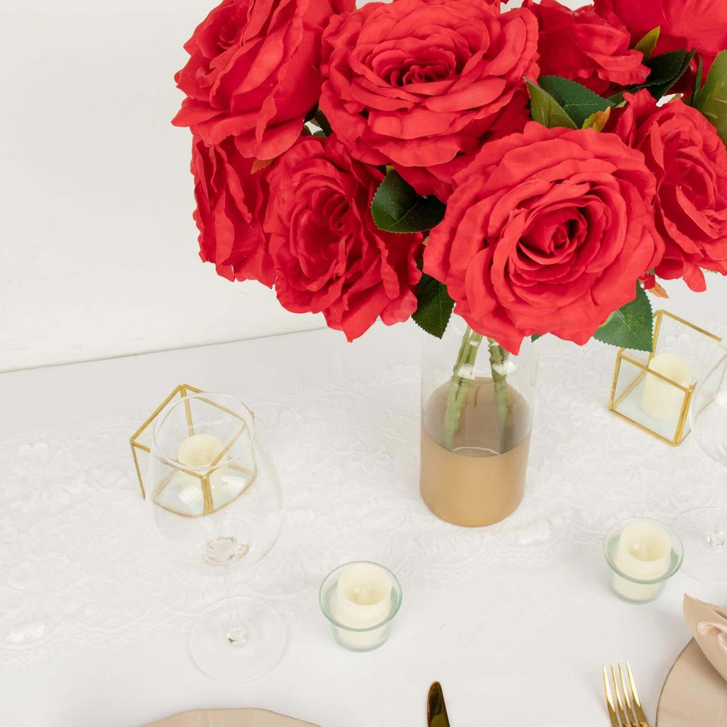 2 Bushes 17" Red Premium Silk Jumbo Rose Flower Bouquet, High Quality Artificial Wedding Floral Arrangements