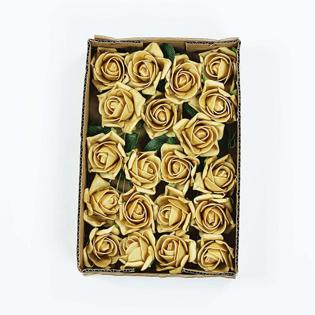 24 Roses 2" Gold Artificial Foam Flowers With Stem Wire and Leaves