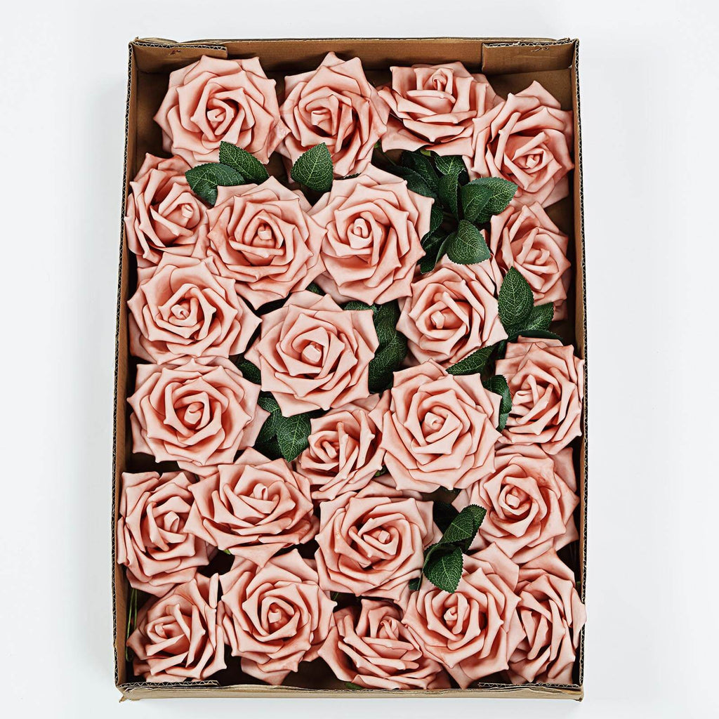 24 Roses 5" Dusty Rose Artificial Foam Flowers With Stem Wire and Leaves