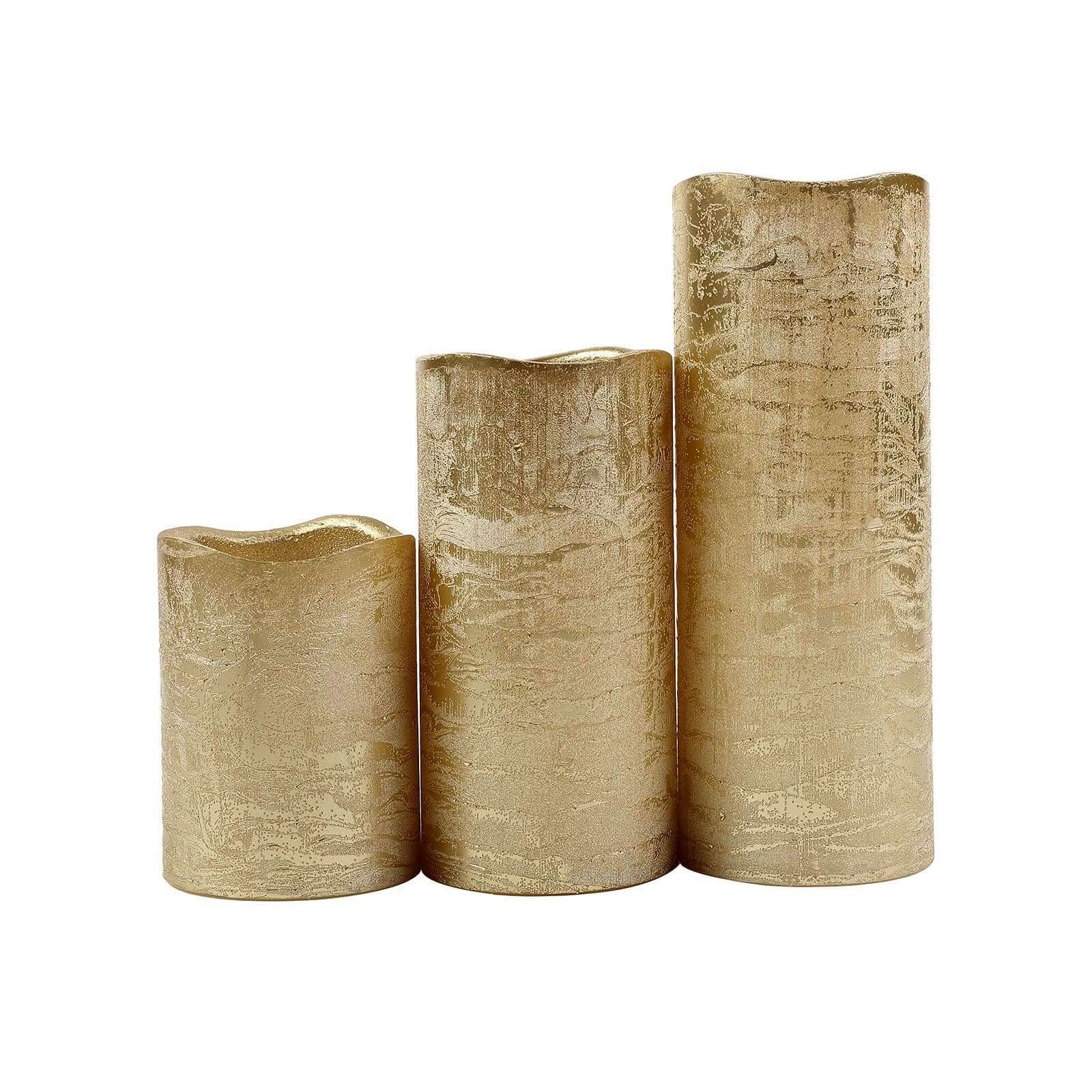 Set of 3 LED Flameless Pillar Candles Remote Operated Metallic Gold - Battery Powered 4", 6", 8"