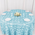 Satin 120" Round Tablecloth Light Blue - Grandiose 3D Rosette with Seamless Finish Table Cover