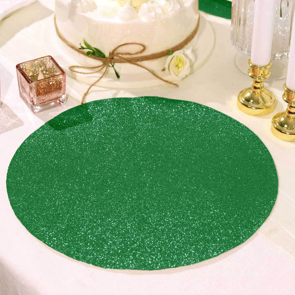 6-Pack Placemats Glitter Design Green Sparkle Round - Non-Slip Decorative Dining Table Mats 13"
