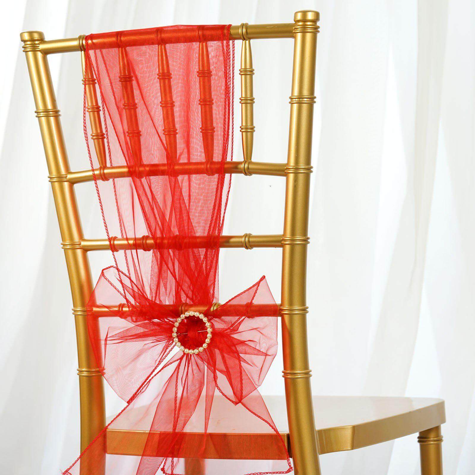 5 Pack Organza Chair Sashes Red - Reusable Sheer Chair Bows 6"x108"
