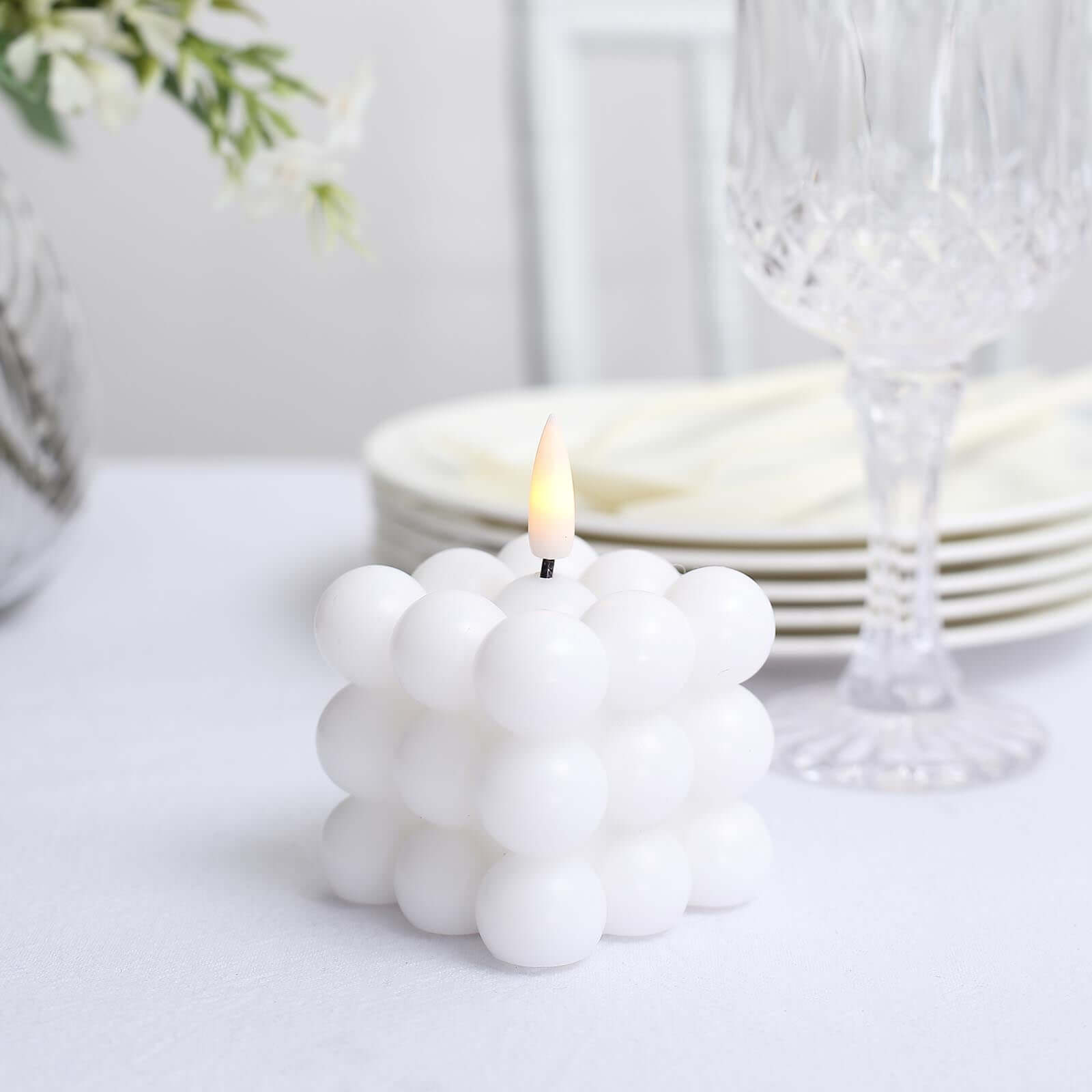 2-Pack LED Flameless Cube Candles Flickering Warm White/White - Battery Operated Bubble Design 2"