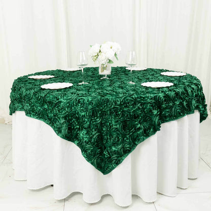 Satin 72"x72" Table Overlay Square Tablecloth Hunter Emerald Green - 3D Rosette Table Cover