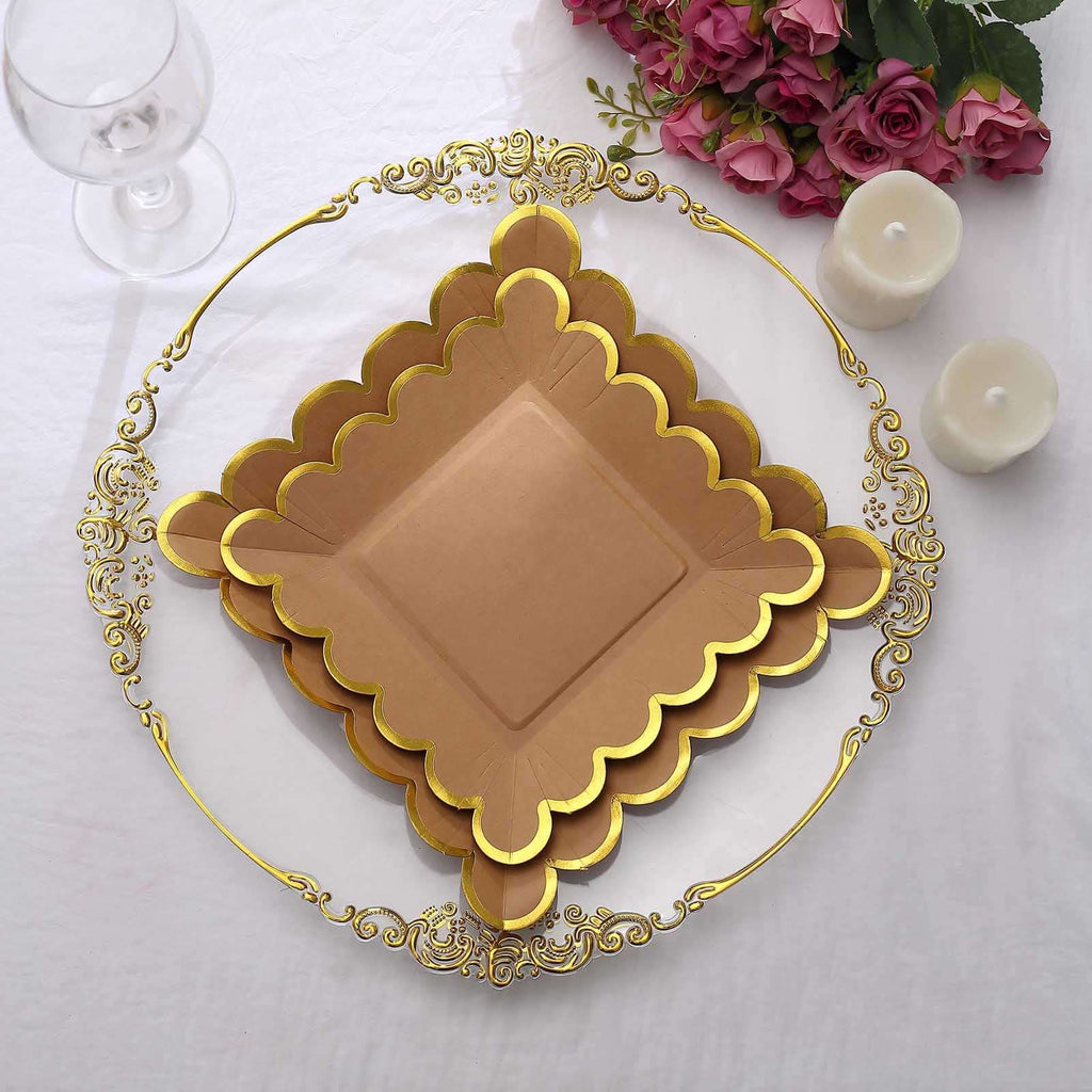 25-Pack Paper 7" Square Dessert Plates in Natural Brown with Gold Scalloped Rim - Disposable Salad Appetizer Party Plates for Stylish Outdoor Events & Boho Celebrations
