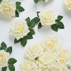 24 Roses 5" Cream Artificial Foam Flowers With Stem Wire and Leaves