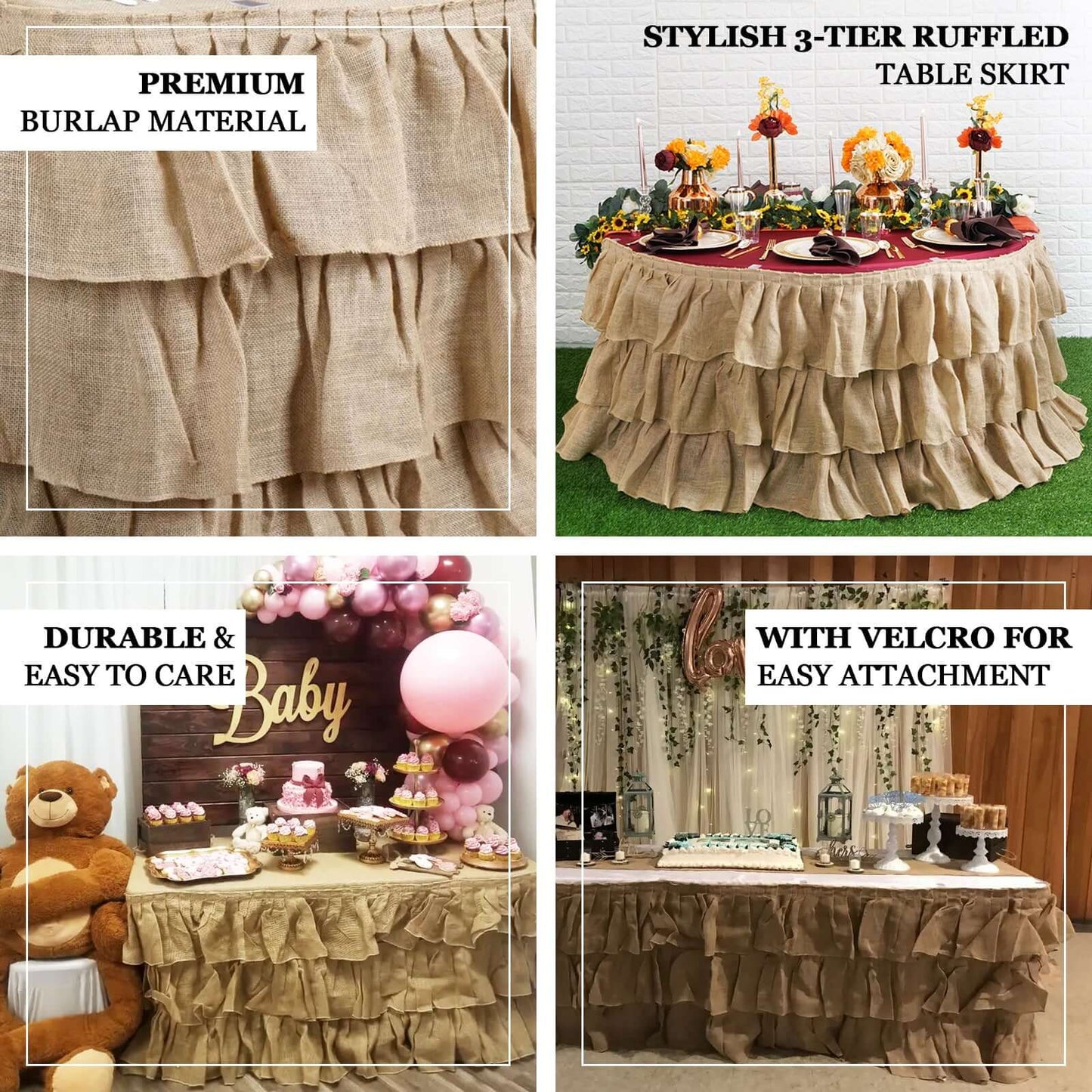 Burlap 17ft Table Skirt Natural 3 Tier Ruffled Design for Rustic Weddings & Country Events - NestOCart