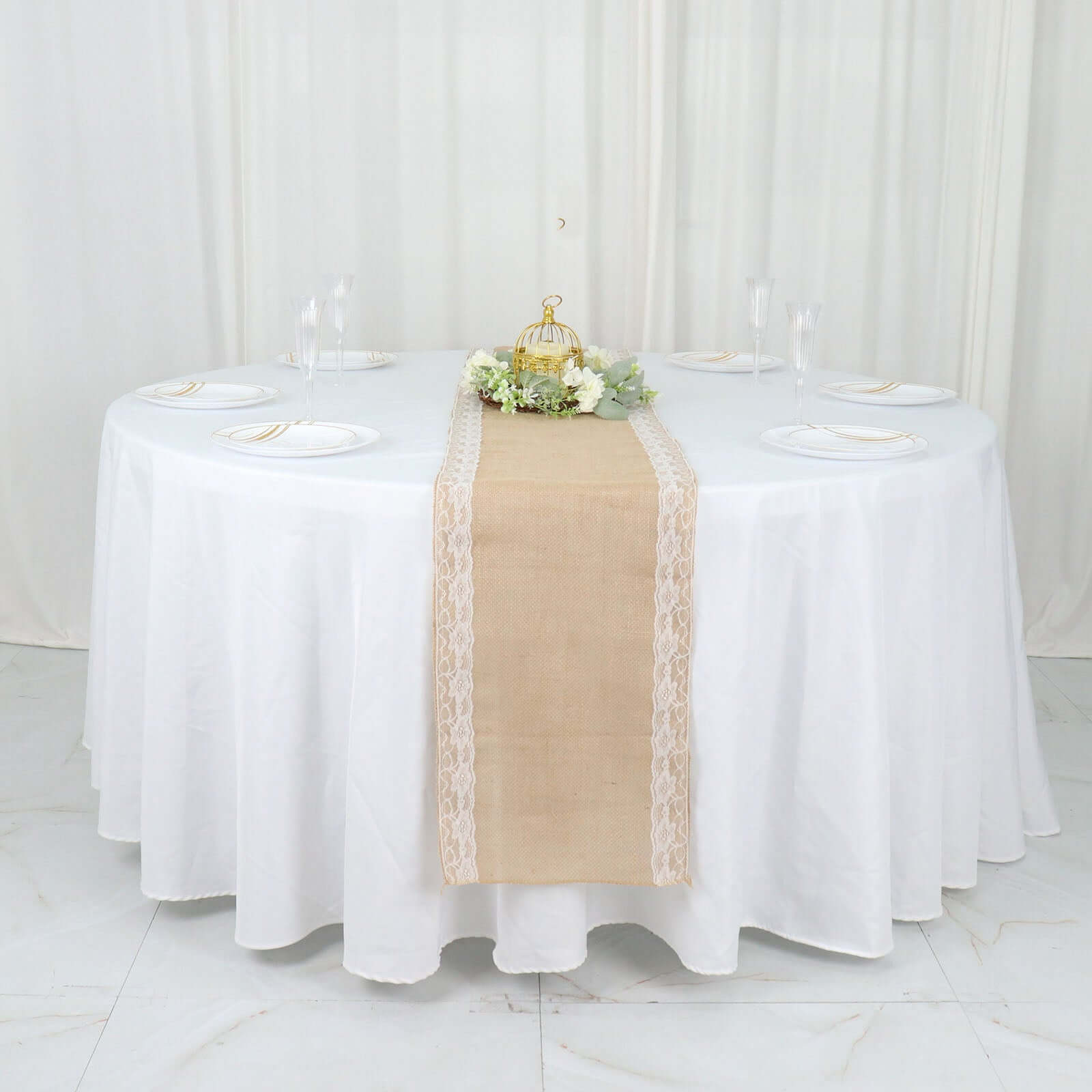 Burlap Jute 14"x104" Table Runner Natural With White Lace Trim Edges - Rustic Vintage Tabletop Decor - Bell Racket Store