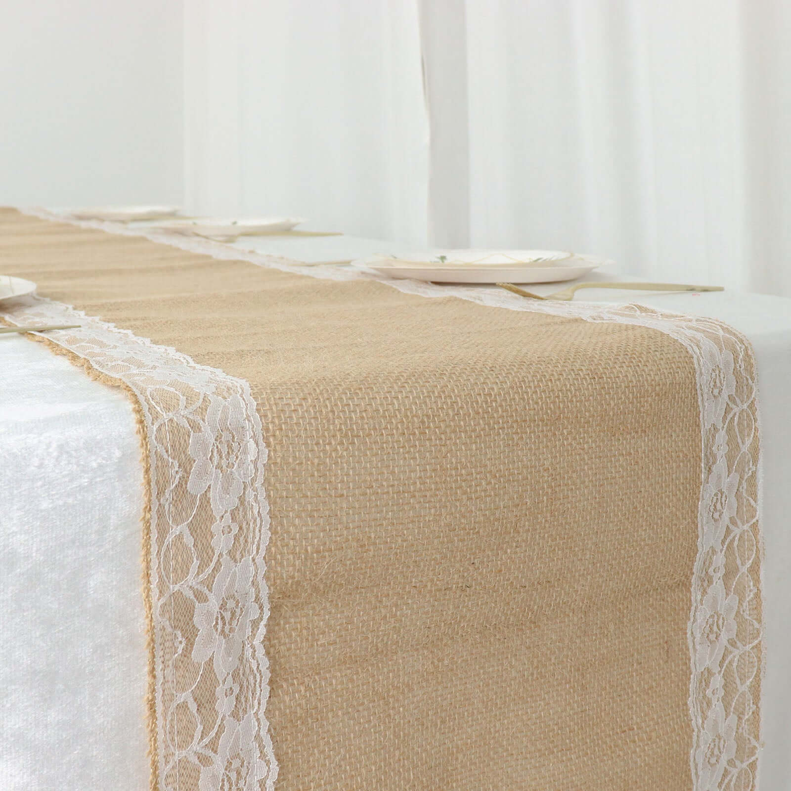 Burlap Jute 14"x104" Table Runner Natural With White Lace Trim Edges - Rustic Vintage Tabletop Decor - Bell Racket Store