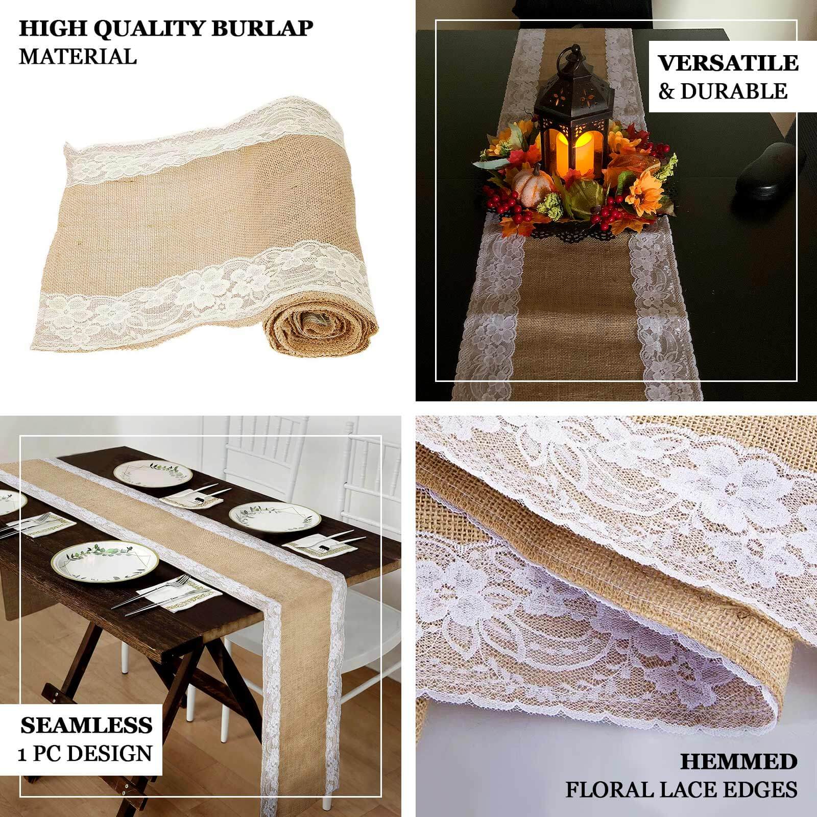 Burlap Jute 14"x104" Table Runner Natural With White Lace Trim Edges - Rustic Vintage Tabletop Decor - Bell Racket Store