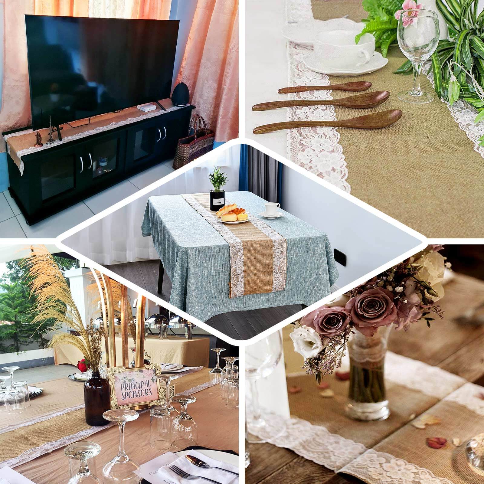 Burlap Jute 14"x104" Table Runner Natural With White Lace Trim Edges - Rustic Vintage Tabletop Decor - Bell Racket Store