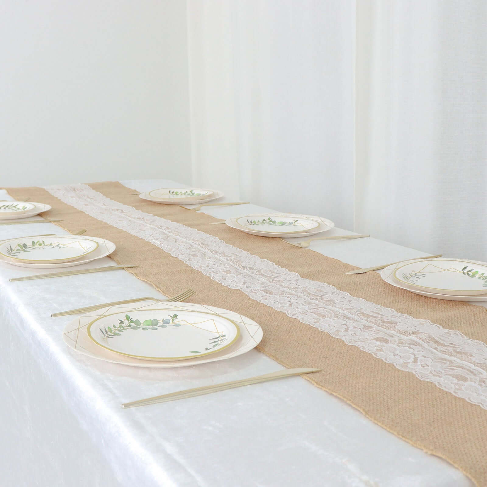 Burlap Jute 14"x106" Table Runner Natural With White Middle Lace - Rustic Vintage Tabletop Decor - Bell Racket Store