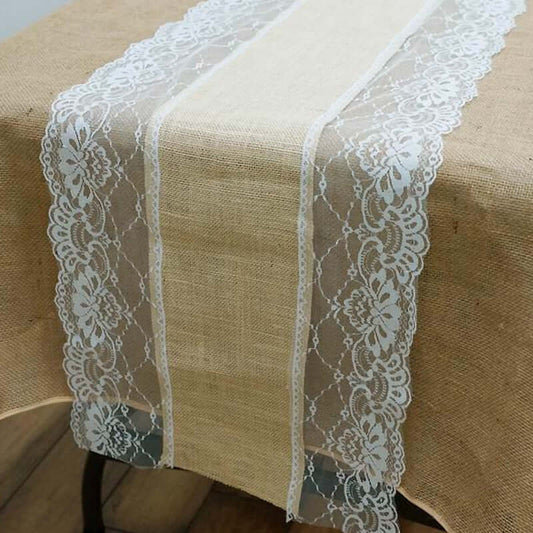 Burlap Jute 16"x108" Table Runner Natural With White Lace Edges - Rustic Vintage Tabletop Decor - NestOCart
