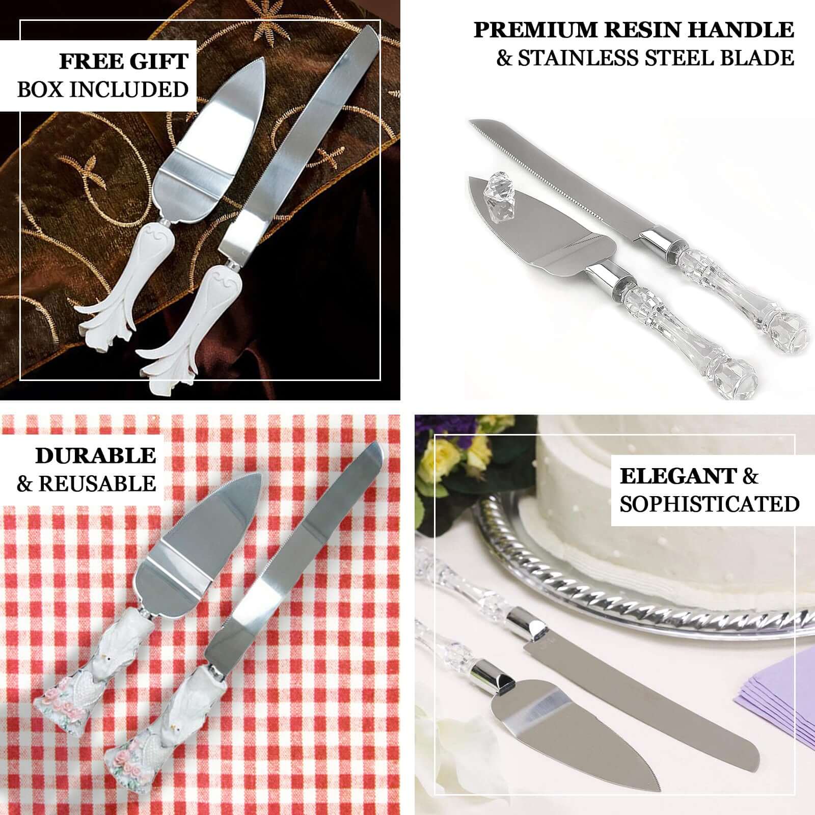2 Set Knife and Server Stainless Steel with Clear Acrylic Handle - Party Favors with Gift Box 10" & 12"