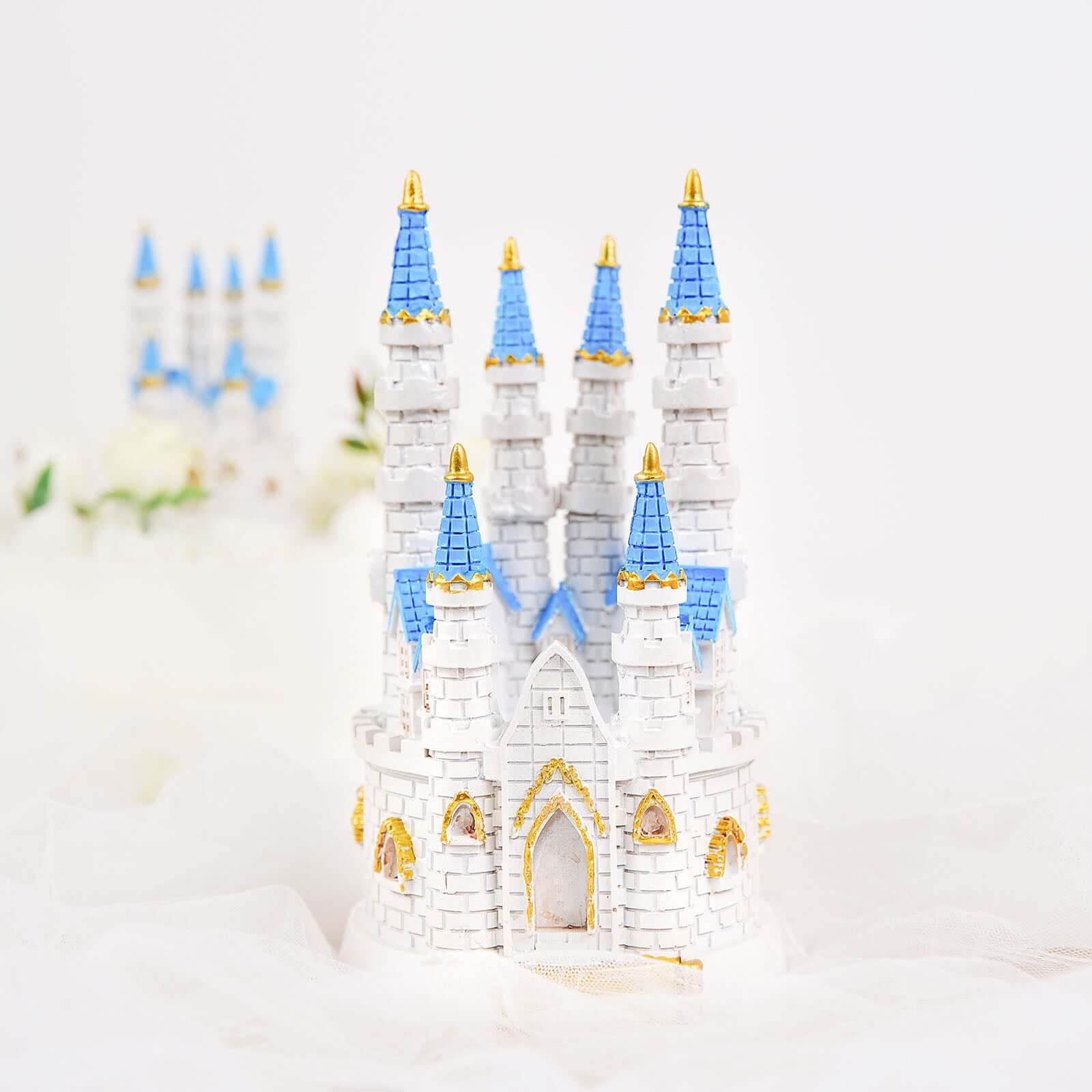 Cake Topper Figurine Fairytale Princess Castle Design Blue and White - Decoration for Baby Showers 8.5"