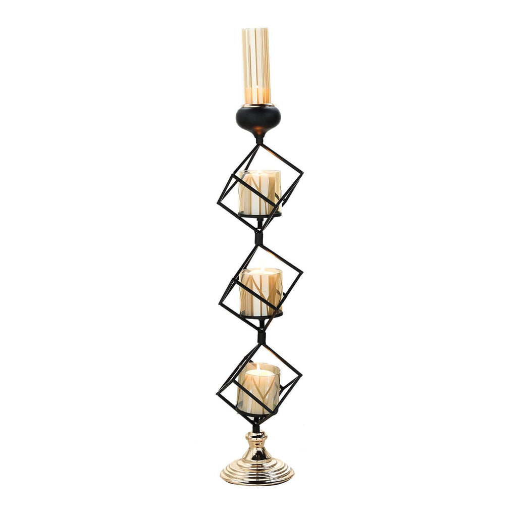 3-Tier Candle Holder Black Geometric Design with Amber Glass Votives & Gold Trim - Modern Decor for Weddings 28" Tall
