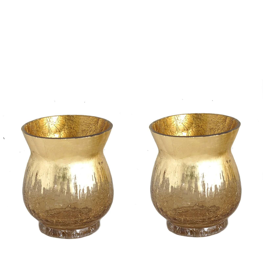 2-Pack Glass Hurricane Vases Bell Shaped Crackle Gold Curvy Design - Decorative Candle Holder Centerpieces 6"