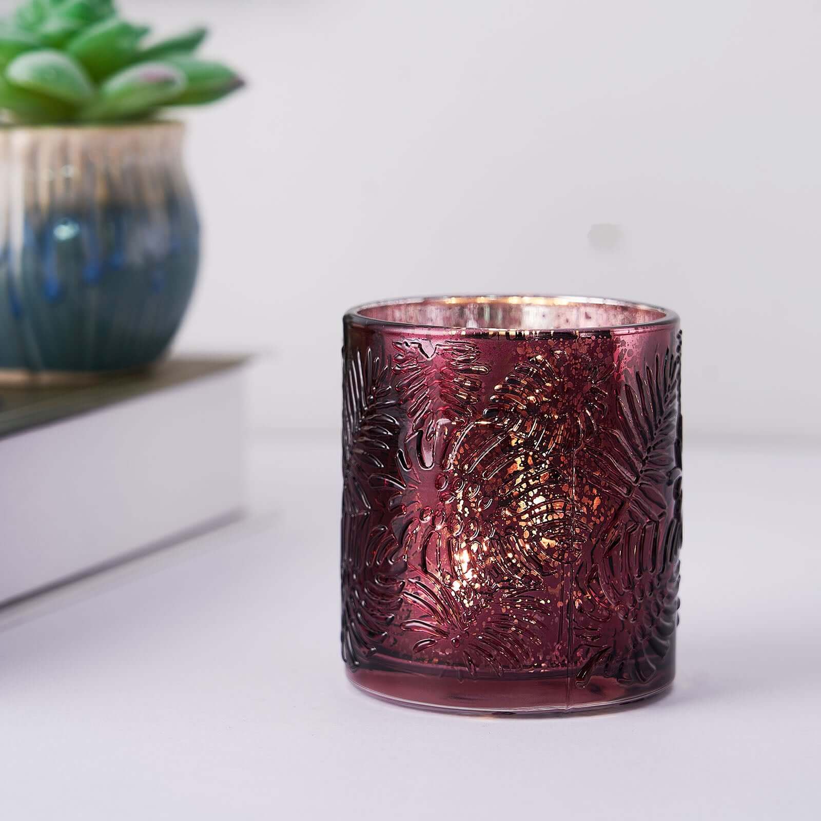 6-Pack Mercury Glass Candle Holders Burgundy Palm Leaf Design - Votive Tealight Holders for Events