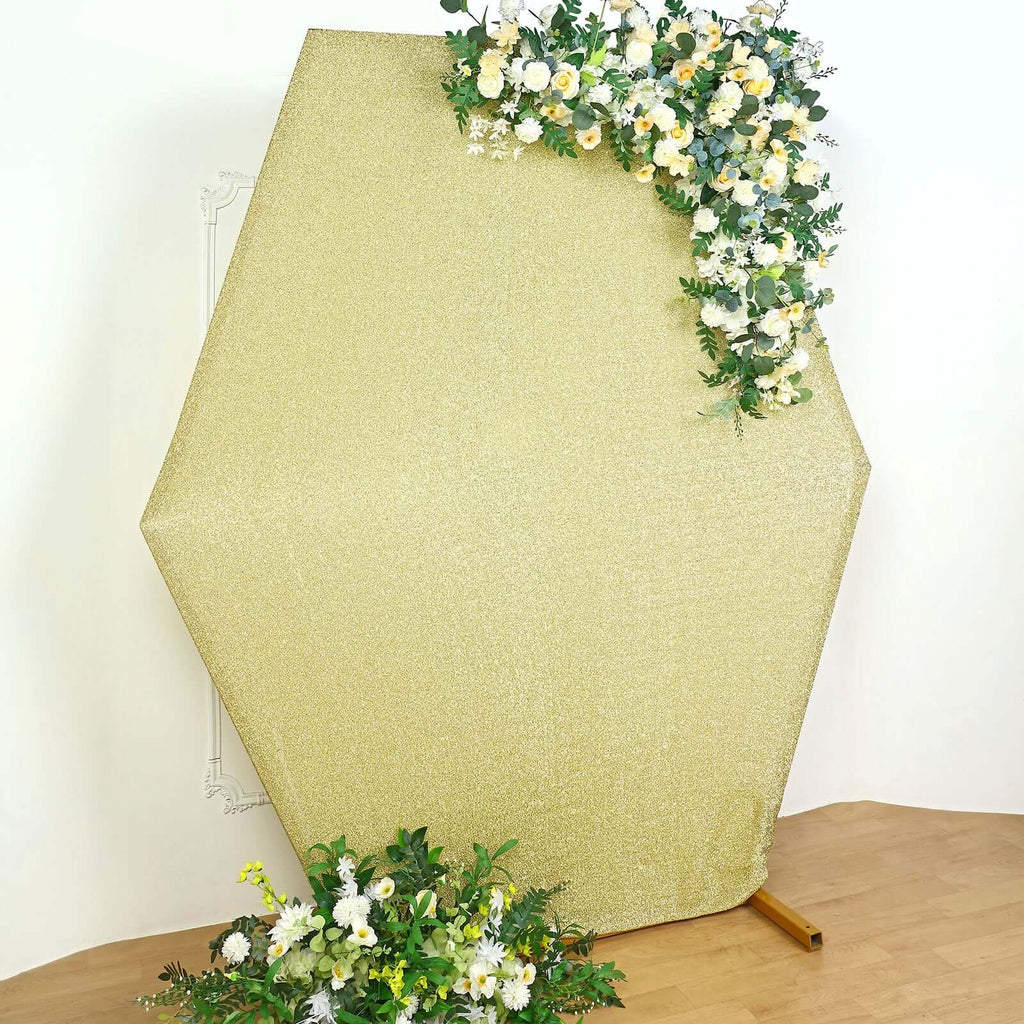 8ftx7ft Champagne Metallic Shimmer Tinsel Spandex Hexagon Wedding Arbor Cover, 2-Sided Backdrop