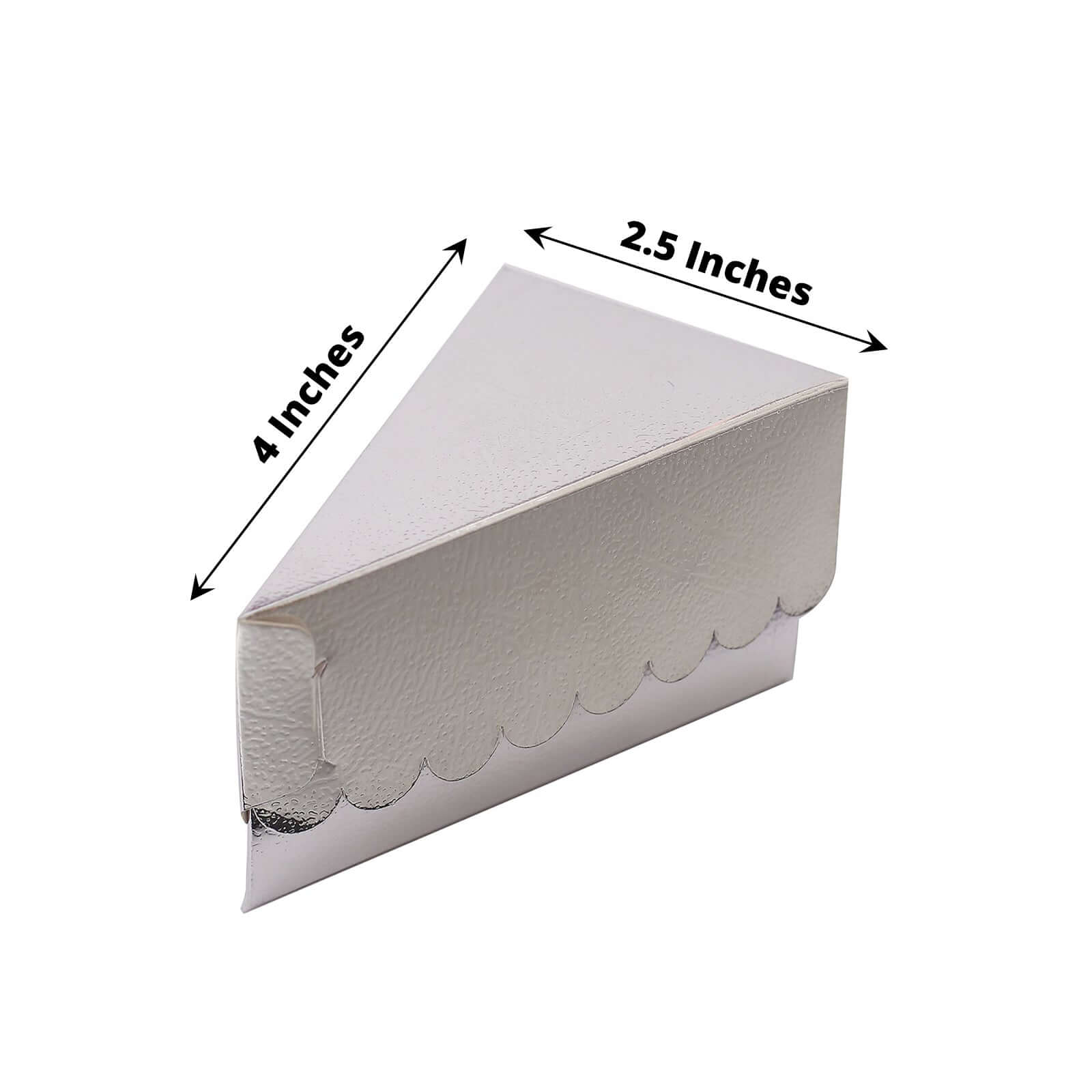 10-Pack Cardstock Triangle Cake Slice Boxes Silver with Scalloped Top 4"x2.5"