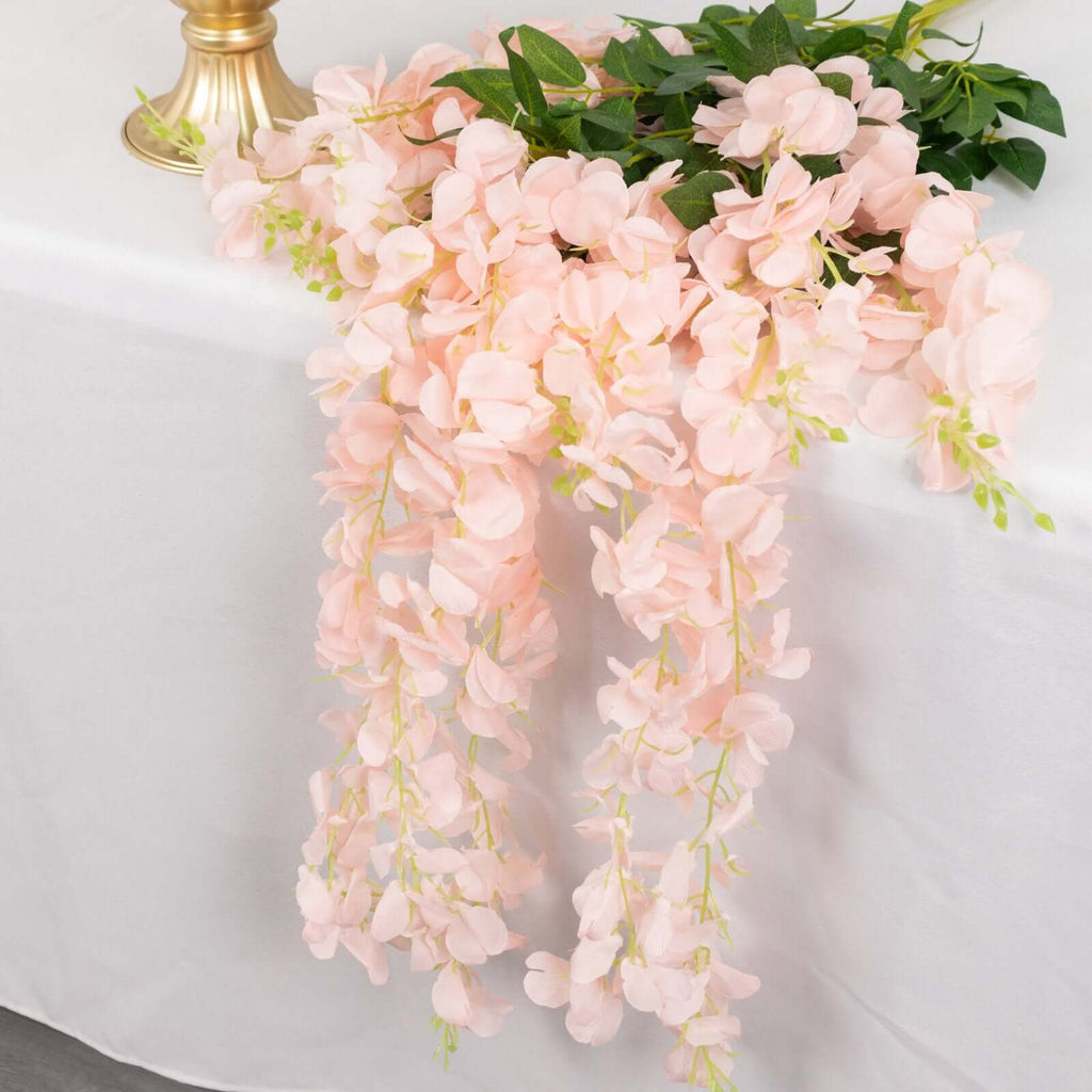 5 Pack 44" Silk Hanging Wisteria Flower Garland Vines in Blush, 3 Strands in 1 Bush